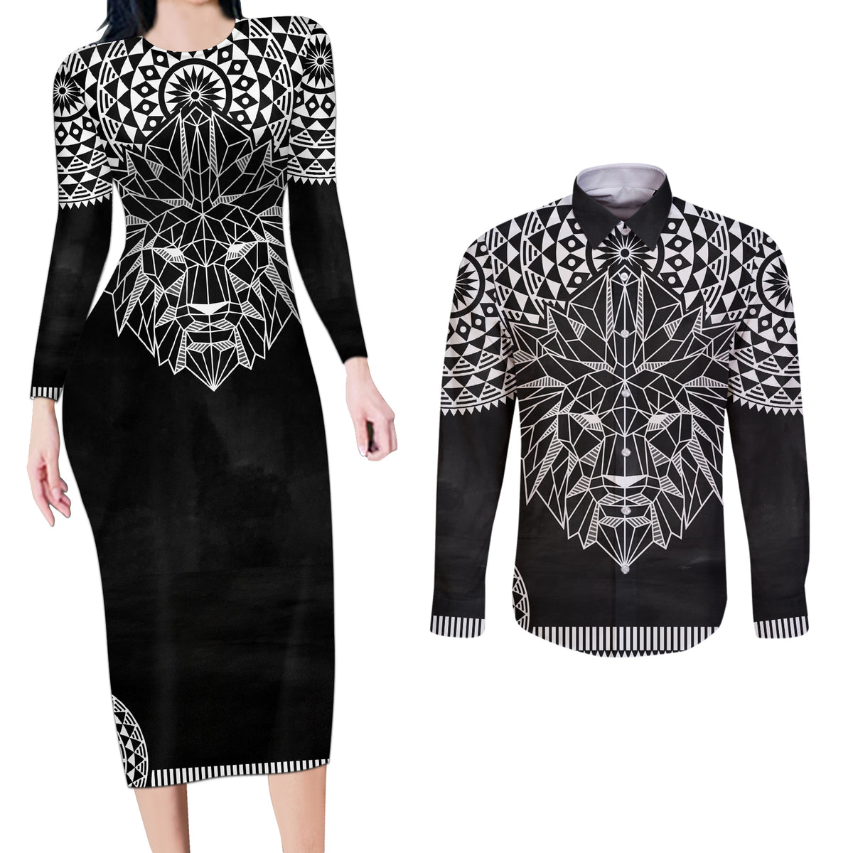 Geometric Head Lion Couples Matching Long Sleeve Bodycon Dress and Long Sleeve Button Shirt - Wonder Print Shop