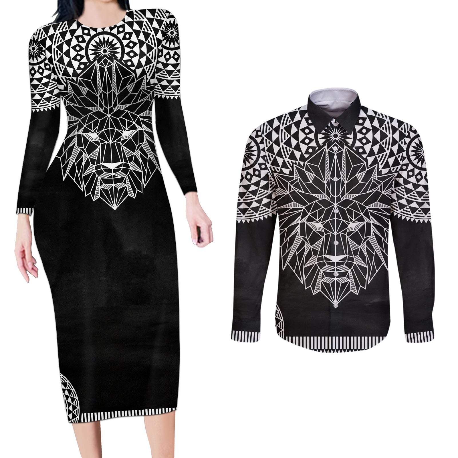 Geometric Head Lion Couples Matching Long Sleeve Bodycon Dress and Long Sleeve Button Shirt - Wonder Print Shop