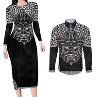 Geometric Head Lion Couples Matching Long Sleeve Bodycon Dress and Long Sleeve Button Shirt - Wonder Print Shop