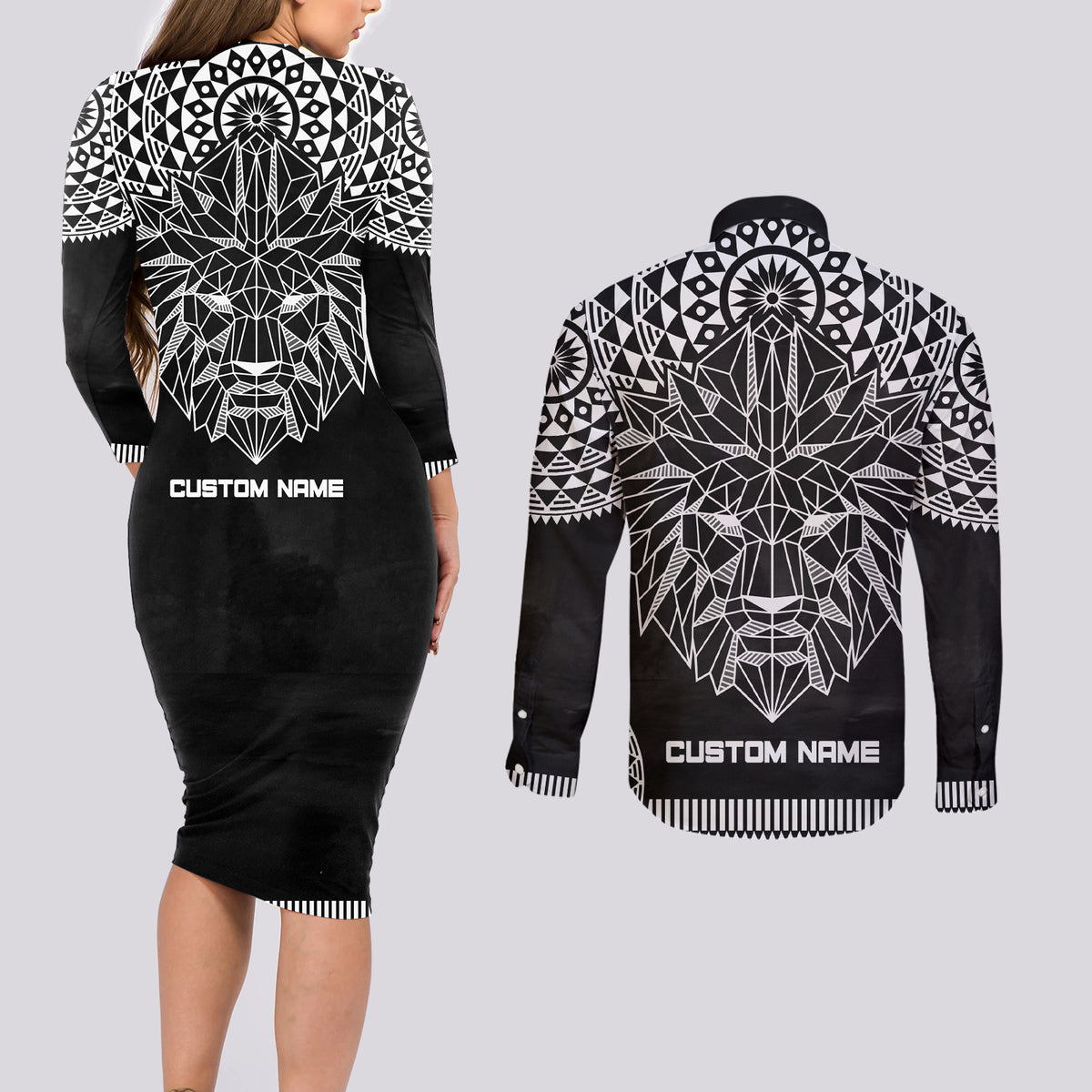 Geometric Head Lion Couples Matching Long Sleeve Bodycon Dress and Long Sleeve Button Shirt - Wonder Print Shop