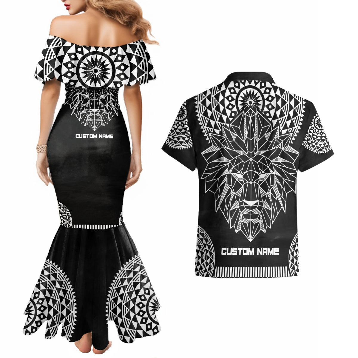 Geometric Head Lion Couples Matching Mermaid Dress and Hawaiian Shirt - Wonder Print Shop