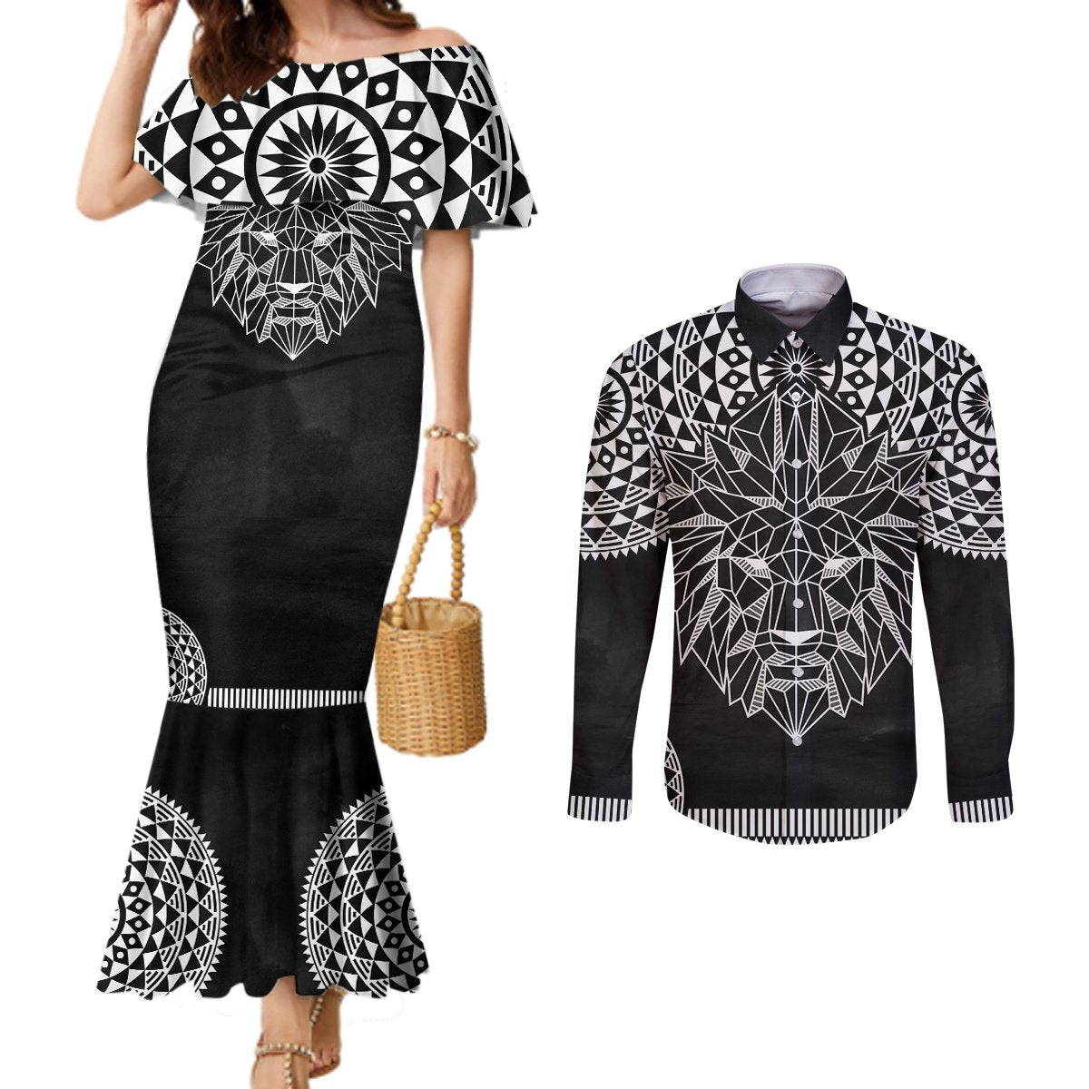 Geometric Head Lion Couples Matching Mermaid Dress and Long Sleeve Button Shirt