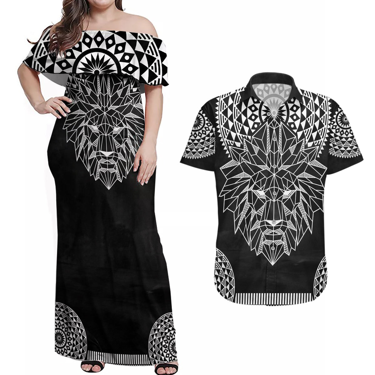 Geometric Head Lion Couples Matching Off Shoulder Maxi Dress and Hawaiian Shirt - Wonder Print Shop