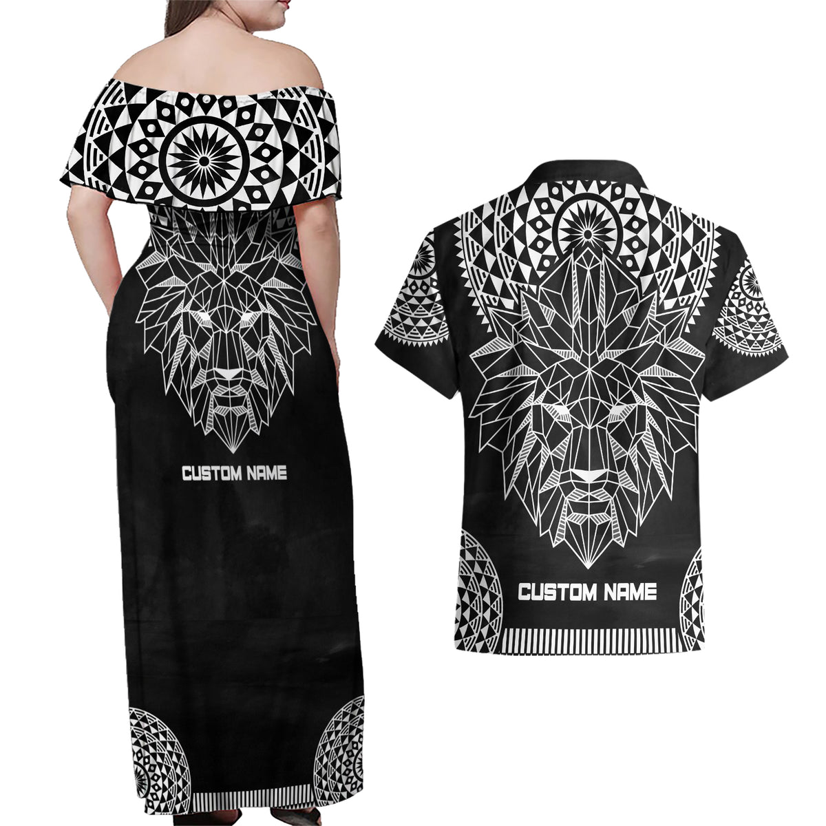 Geometric Head Lion Couples Matching Off Shoulder Maxi Dress and Hawaiian Shirt - Wonder Print Shop