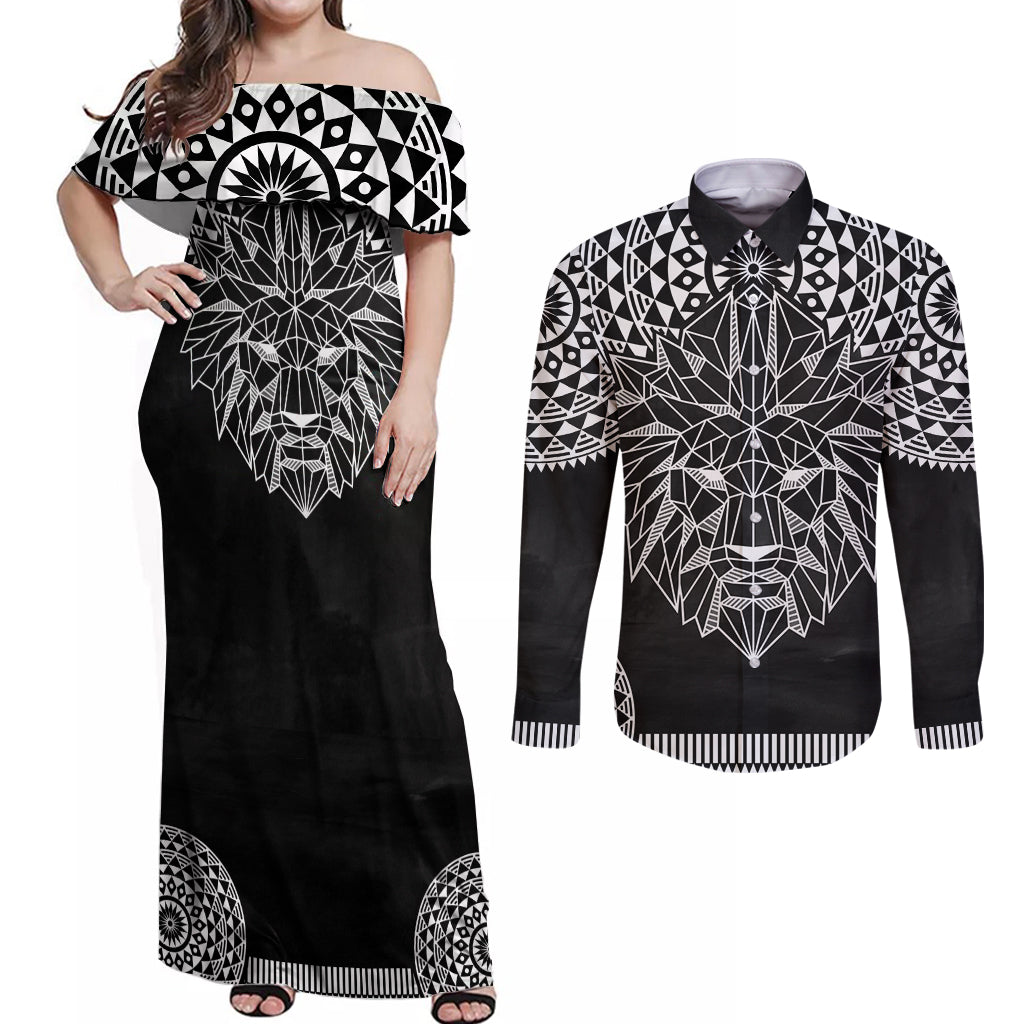 Geometric Head Lion Couples Matching Off Shoulder Maxi Dress and Long Sleeve Button Shirt - Wonder Print Shop