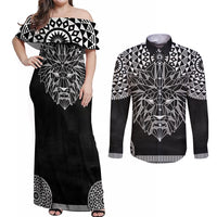 Geometric Head Lion Couples Matching Off Shoulder Maxi Dress and Long Sleeve Button Shirt - Wonder Print Shop