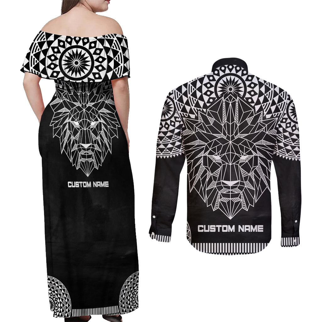 Geometric Head Lion Couples Matching Off Shoulder Maxi Dress and Long Sleeve Button Shirt - Wonder Print Shop