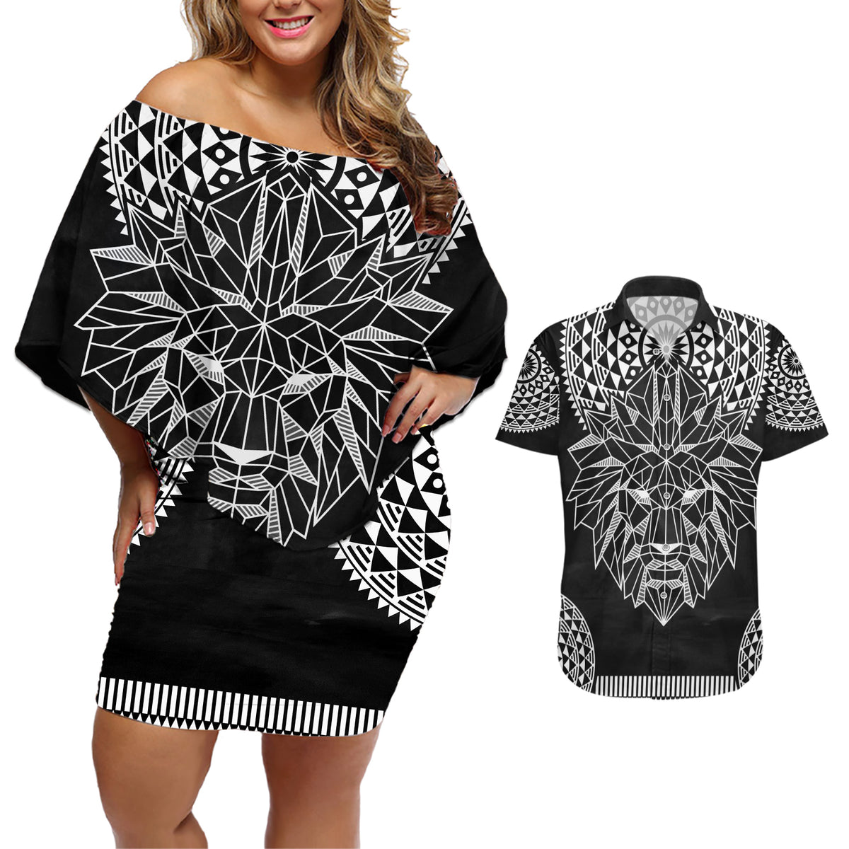 Geometric Head Lion Couples Matching Off Shoulder Short Dress and Hawaiian Shirt - Wonder Print Shop