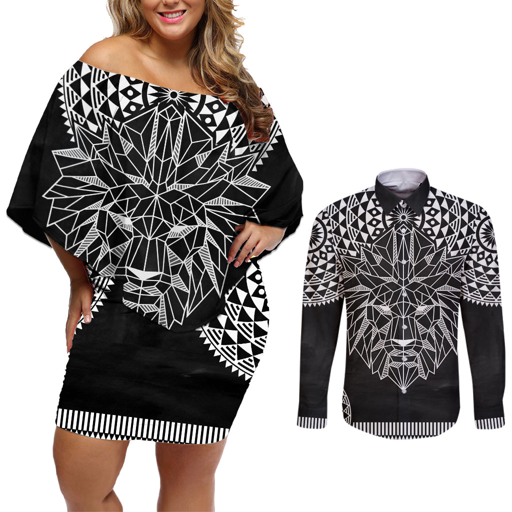Geometric Head Lion Couples Matching Off Shoulder Short Dress and Long Sleeve Button Shirt - Wonder Print Shop