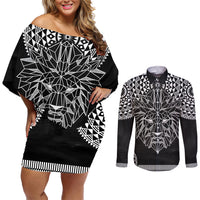 Geometric Head Lion Couples Matching Off Shoulder Short Dress and Long Sleeve Button Shirt - Wonder Print Shop