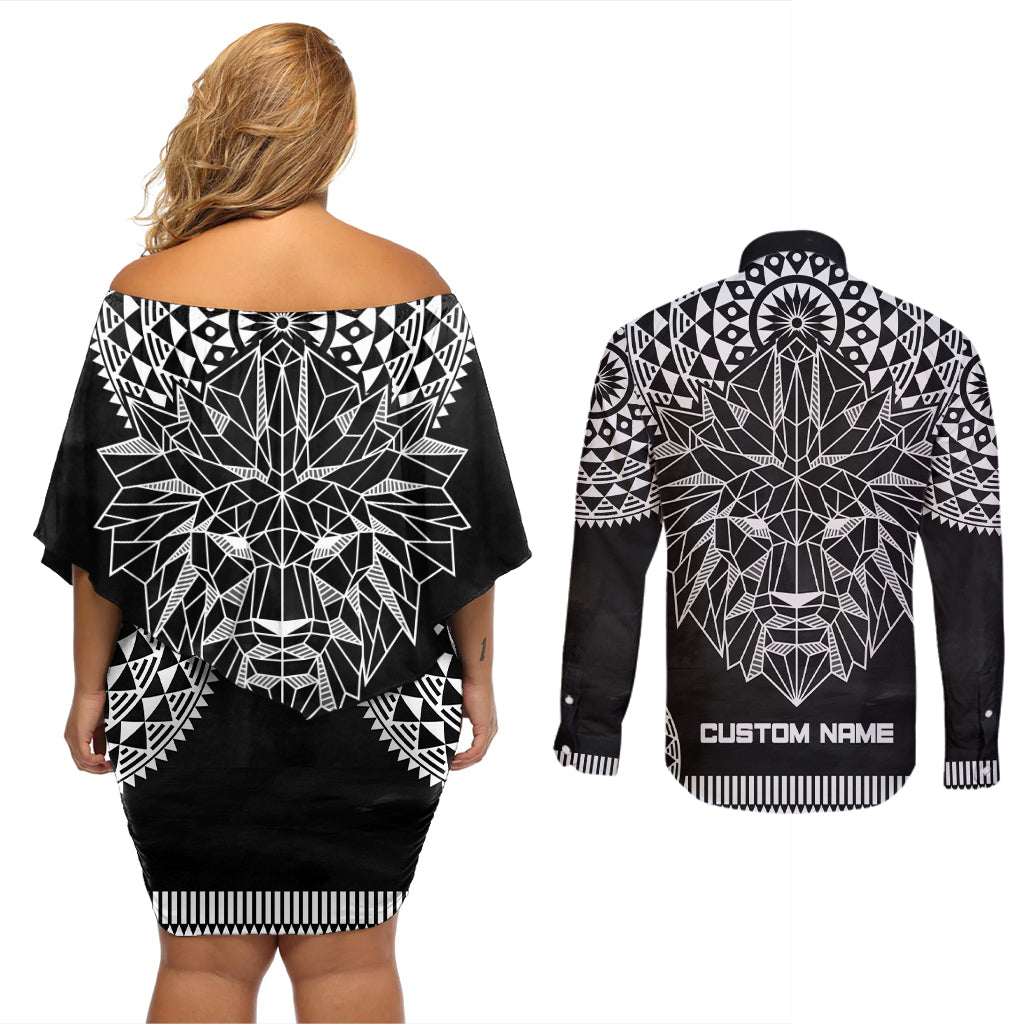 Geometric Head Lion Couples Matching Off Shoulder Short Dress and Long Sleeve Button Shirt - Wonder Print Shop