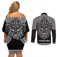 Geometric Head Lion Couples Matching Off Shoulder Short Dress and Long Sleeve Button Shirt - Wonder Print Shop