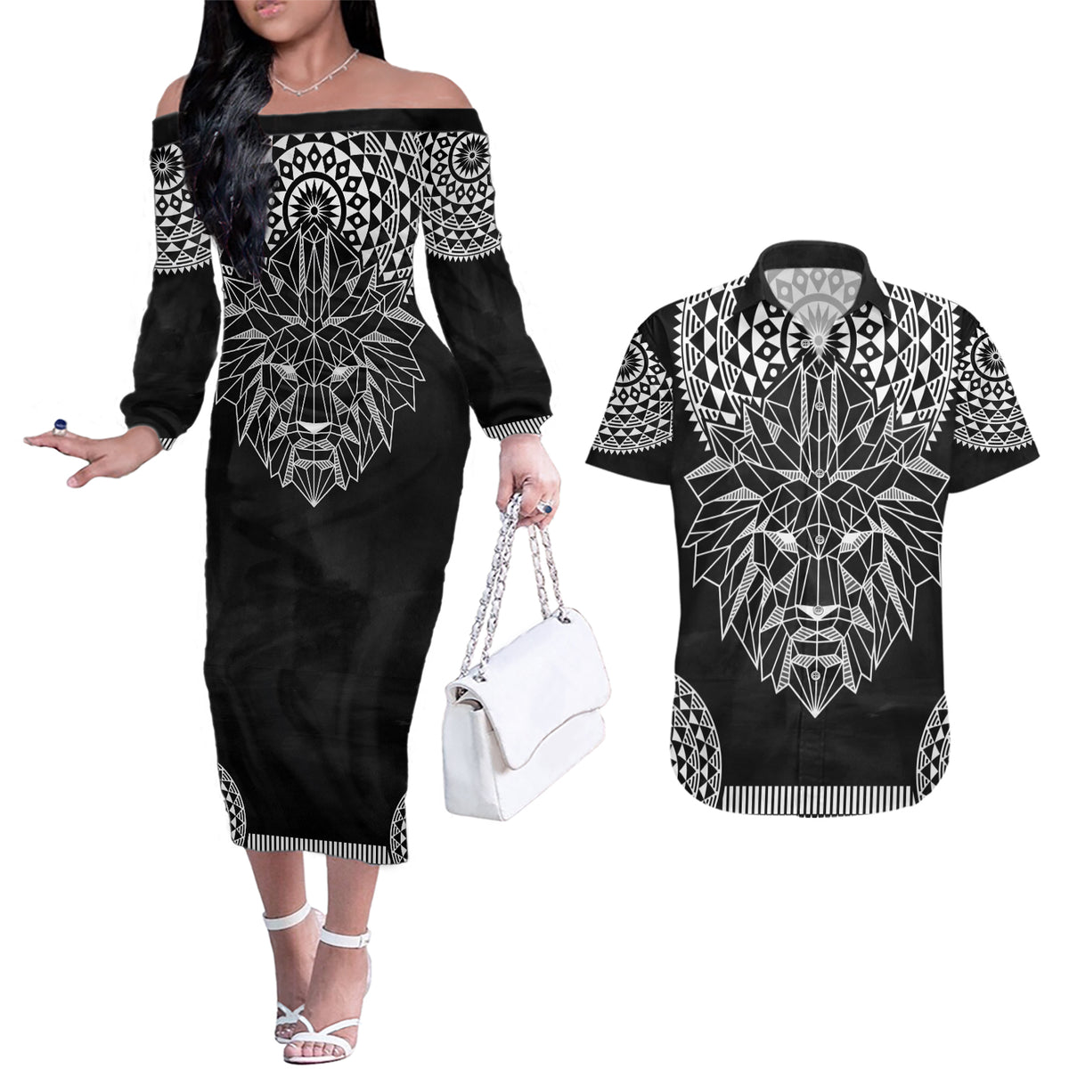 Geometric Head Lion Couples Matching Off The Shoulder Long Sleeve Dress and Hawaiian Shirt - Wonder Print Shop