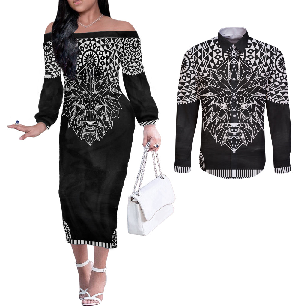 Geometric Head Lion Couples Matching Off The Shoulder Long Sleeve Dress and Long Sleeve Button Shirt
