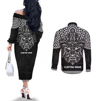 Geometric Head Lion Couples Matching Off The Shoulder Long Sleeve Dress and Long Sleeve Button Shirt