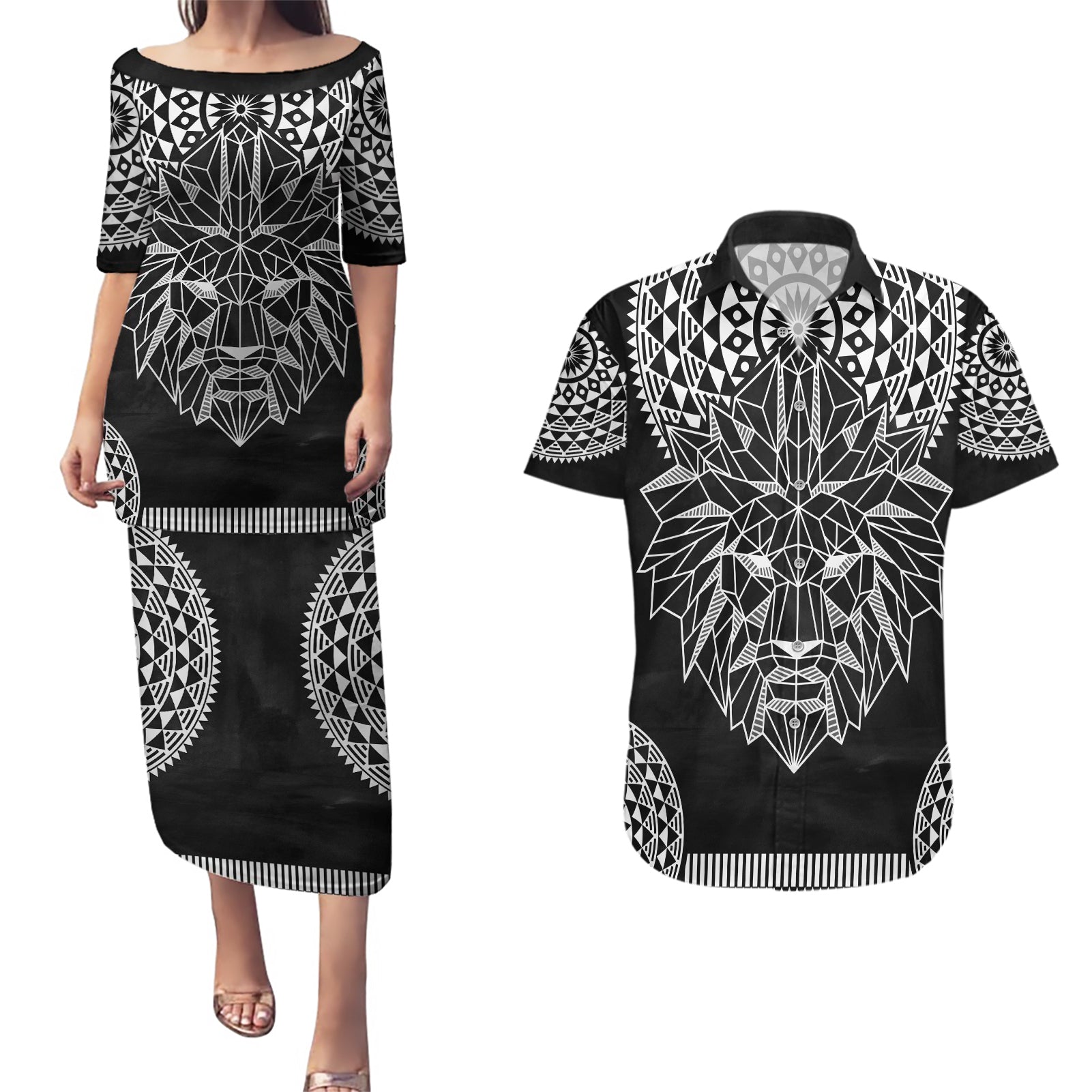 Geometric Head Lion Couples Matching Puletasi and Hawaiian Shirt - Wonder Print Shop
