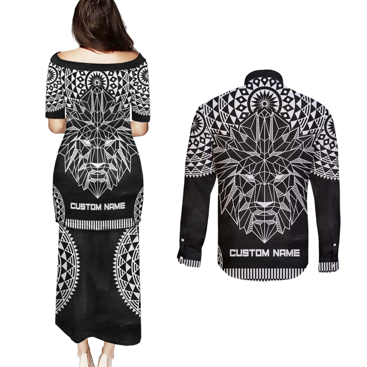 Geometric Head Lion Couples Matching Puletasi and Long Sleeve Button Shirt - Wonder Print Shop