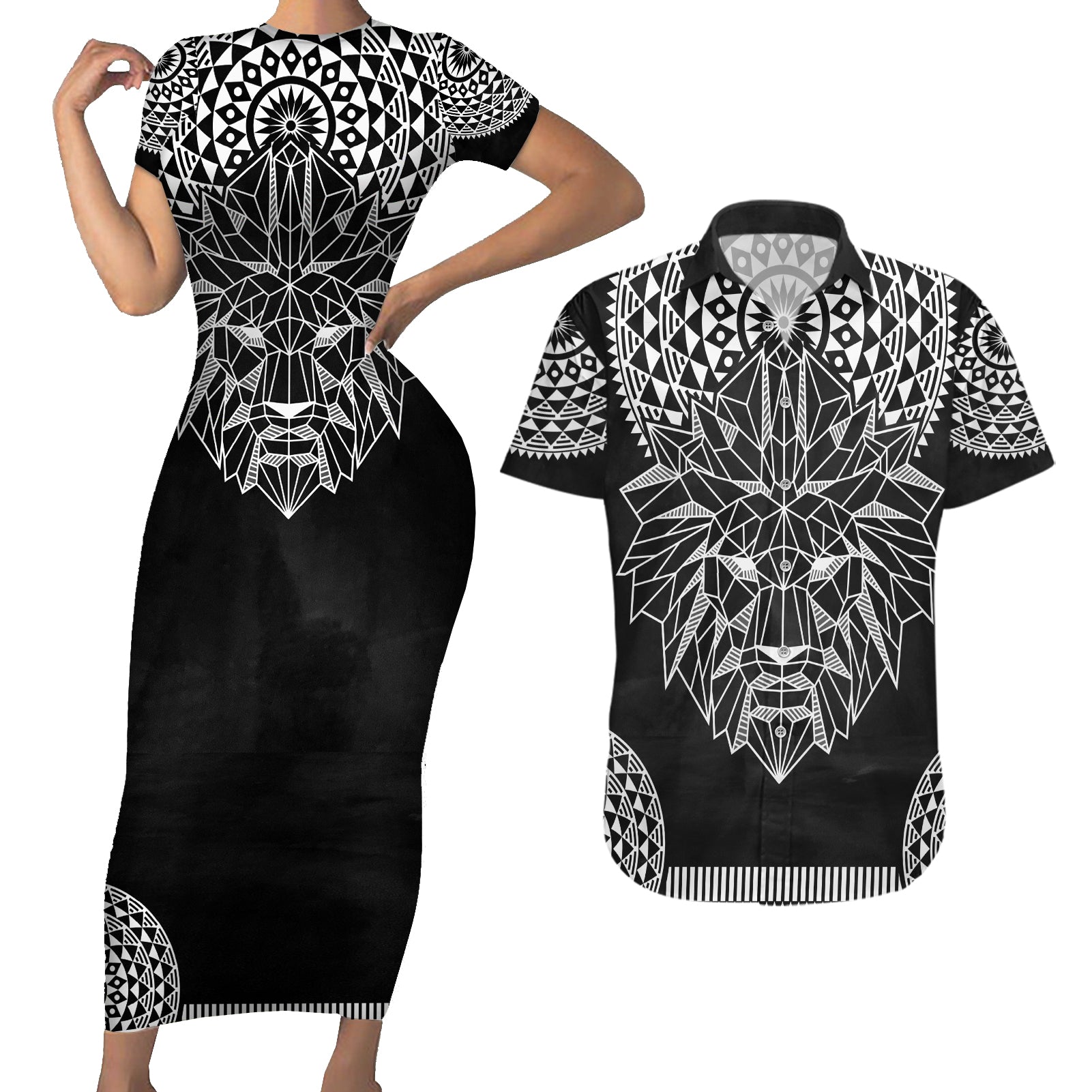 Geometric Head Lion Couples Matching Short Sleeve Bodycon Dress and Hawaiian Shirt - Wonder Print Shop