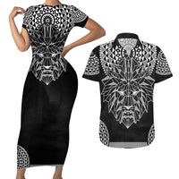 Geometric Head Lion Couples Matching Short Sleeve Bodycon Dress and Hawaiian Shirt - Wonder Print Shop