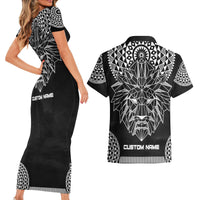 Geometric Head Lion Couples Matching Short Sleeve Bodycon Dress and Hawaiian Shirt - Wonder Print Shop