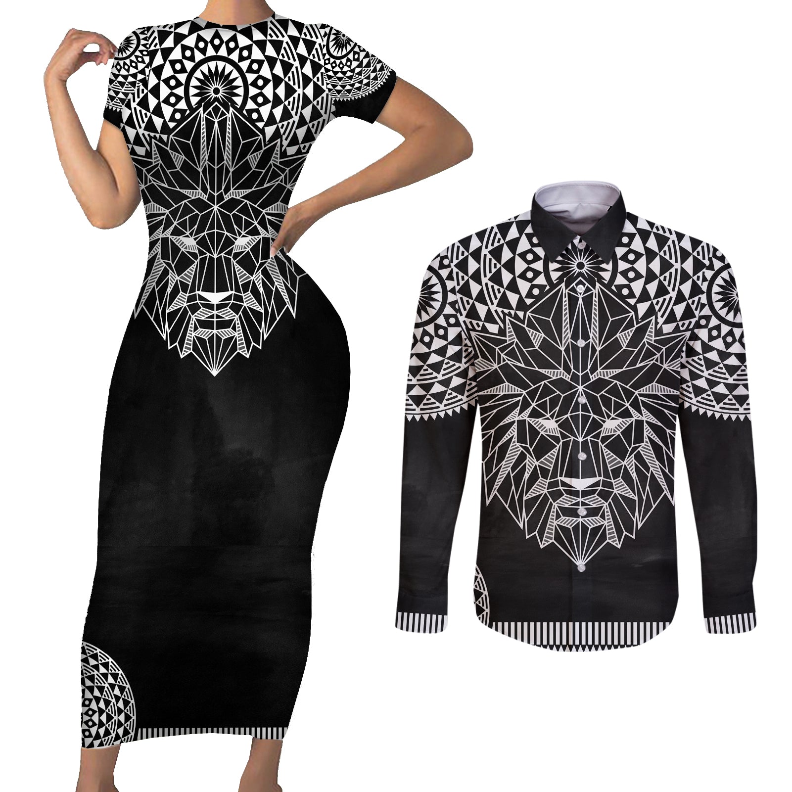 Geometric Head Lion Couples Matching Short Sleeve Bodycon Dress and Long Sleeve Button Shirt - Wonder Print Shop