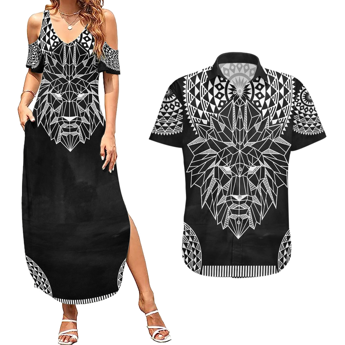 Geometric Head Lion Couples Matching Summer Maxi Dress and Hawaiian Shirt - Wonder Print Shop