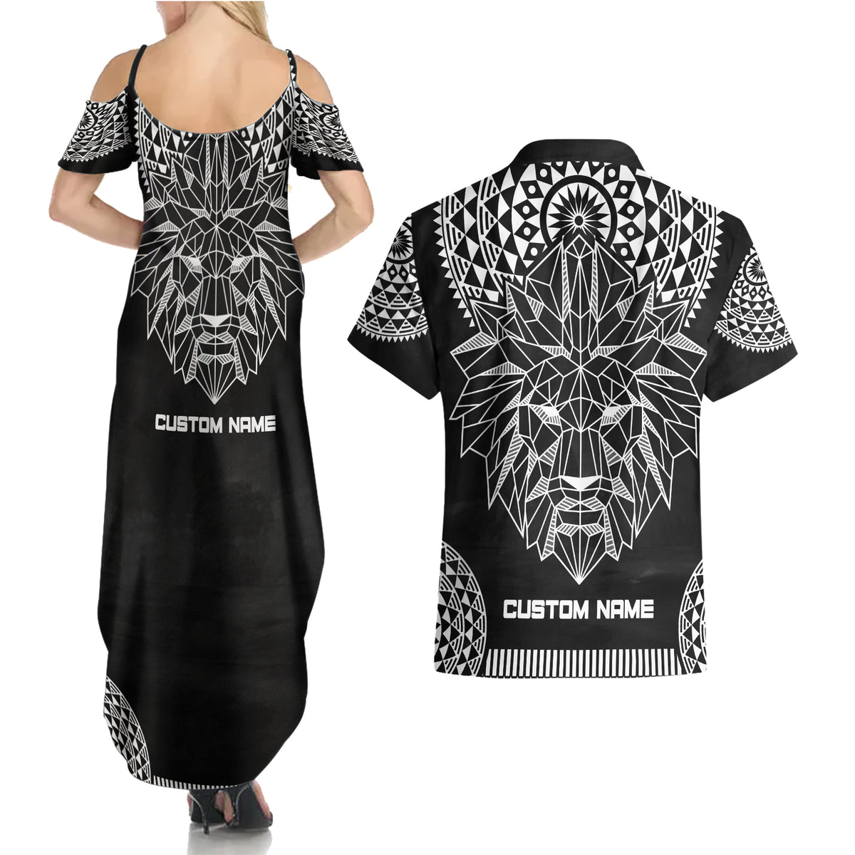 Geometric Head Lion Couples Matching Summer Maxi Dress and Hawaiian Shirt - Wonder Print Shop