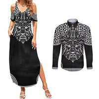 Geometric Head Lion Couples Matching Summer Maxi Dress and Long Sleeve Button Shirt - Wonder Print Shop