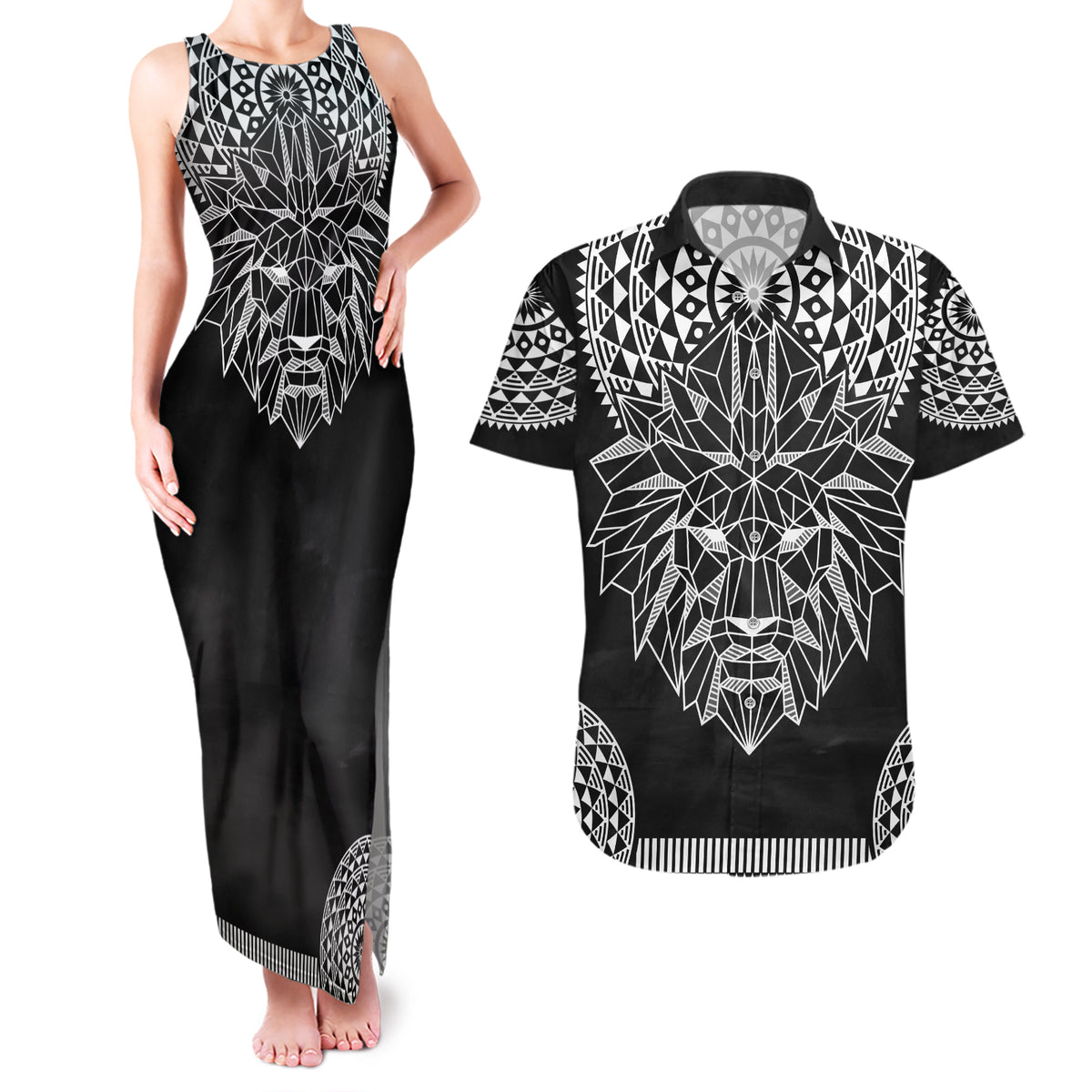 Geometric Head Lion Couples Matching Tank Maxi Dress and Hawaiian Shirt - Wonder Print Shop