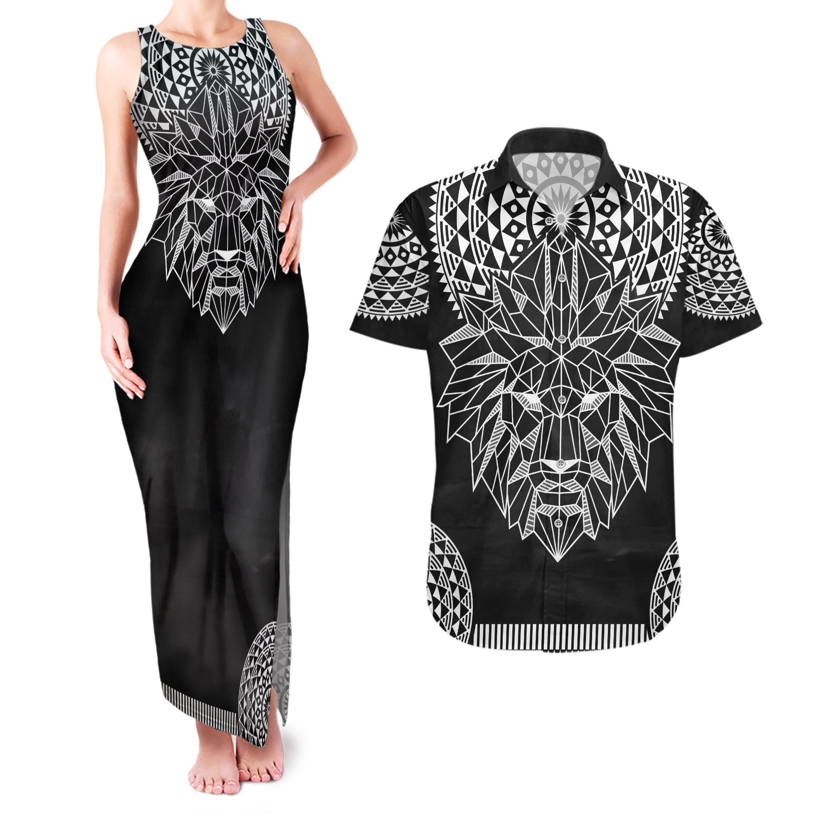 Geometric Head Lion Couples Matching Tank Maxi Dress and Hawaiian Shirt - Wonder Print Shop