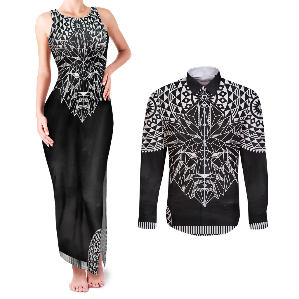 Geometric Head Lion Couples Matching Tank Maxi Dress and Long Sleeve Button Shirt - Wonder Print Shop