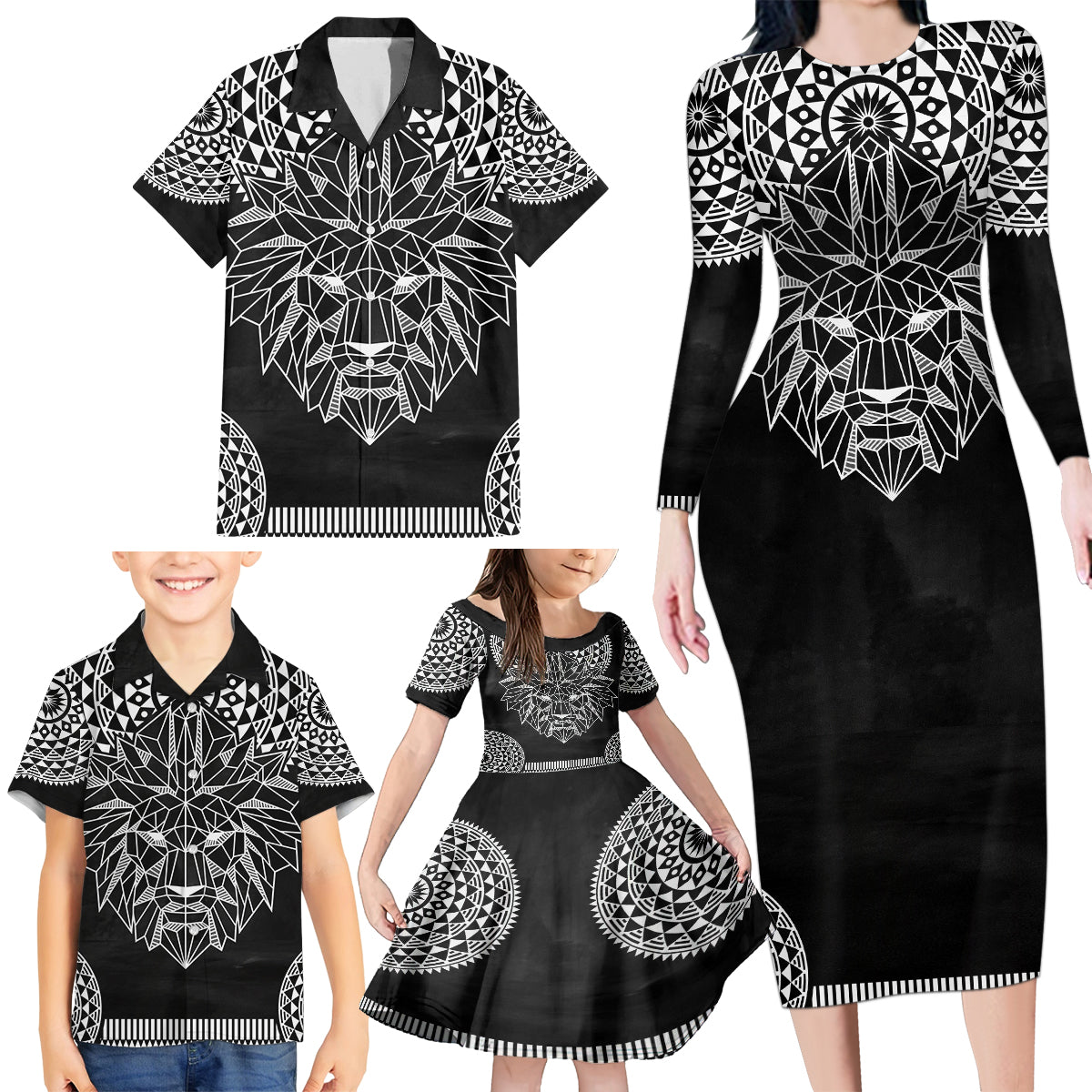 Geometric Head Lion Family Matching Long Sleeve Bodycon Dress and Hawaiian Shirt - Wonder Print Shop