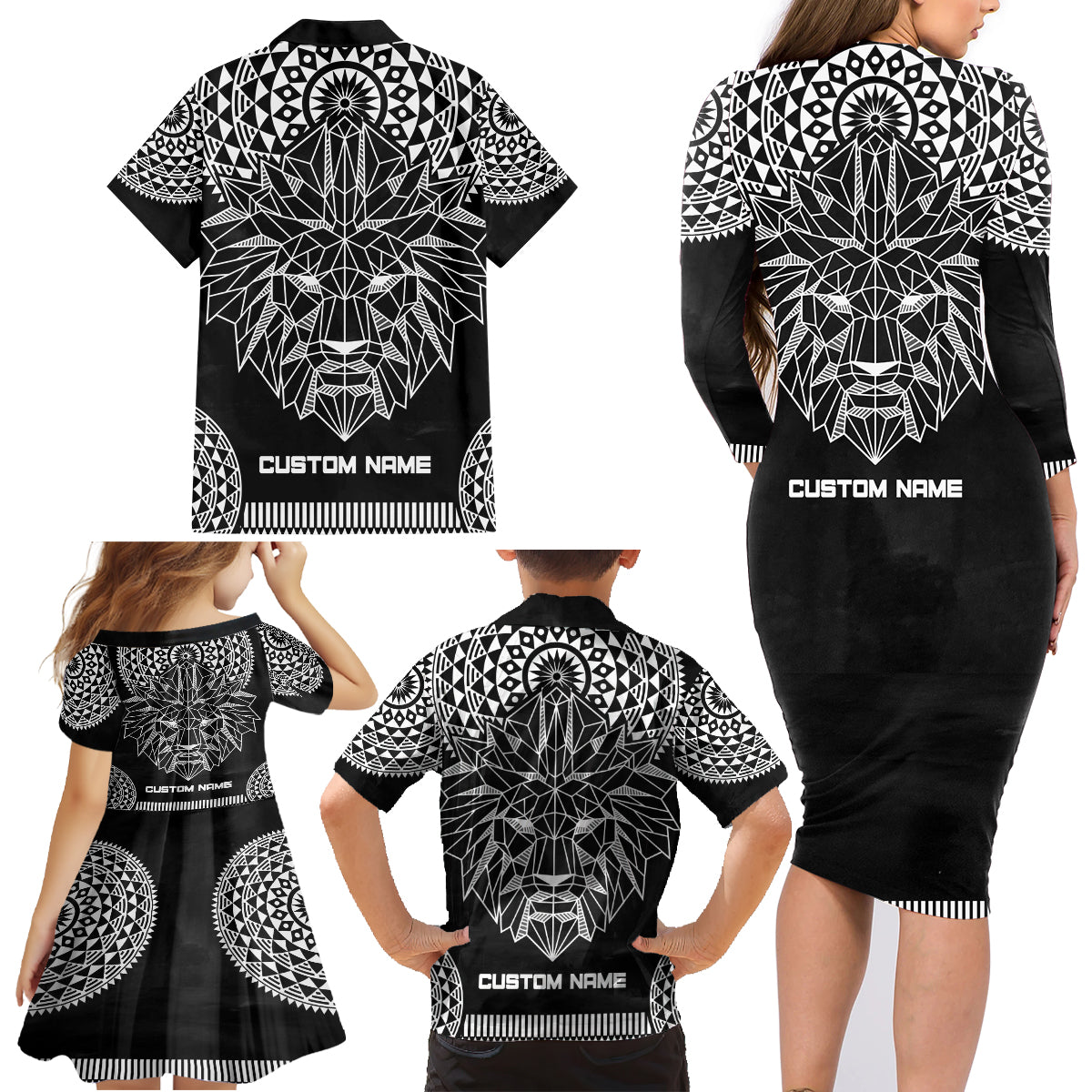 Geometric Head Lion Family Matching Long Sleeve Bodycon Dress and Hawaiian Shirt - Wonder Print Shop