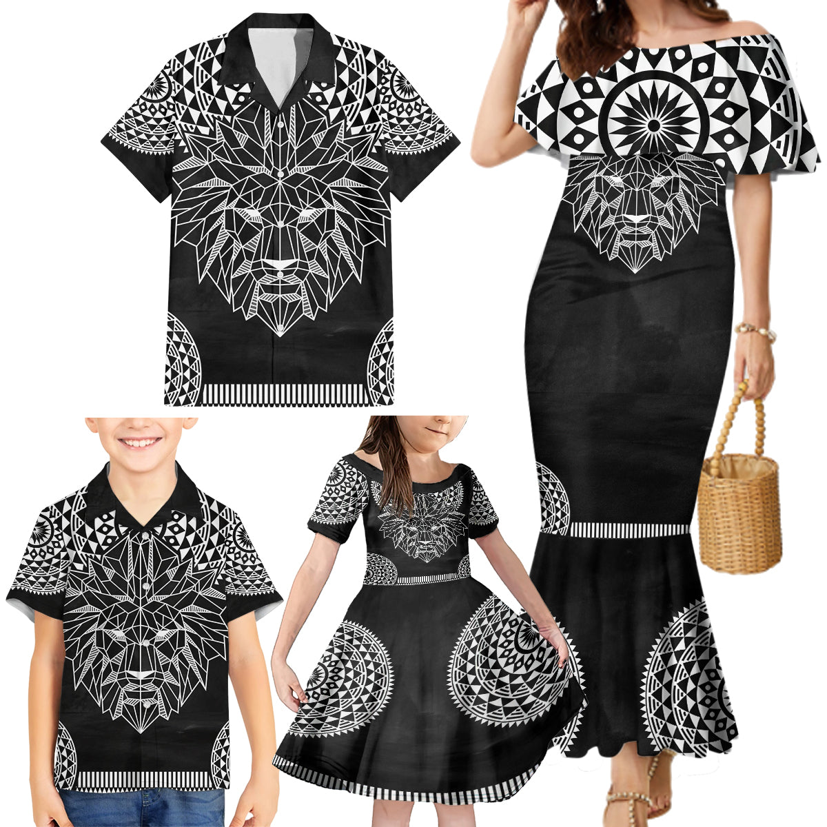 Geometric Head Lion Family Matching Mermaid Dress and Hawaiian Shirt - Wonder Print Shop