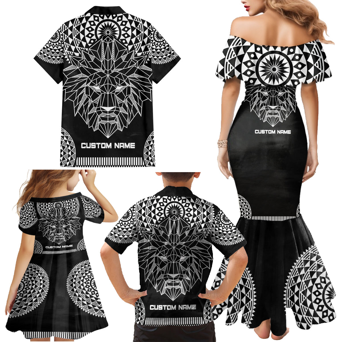 Geometric Head Lion Family Matching Mermaid Dress and Hawaiian Shirt - Wonder Print Shop