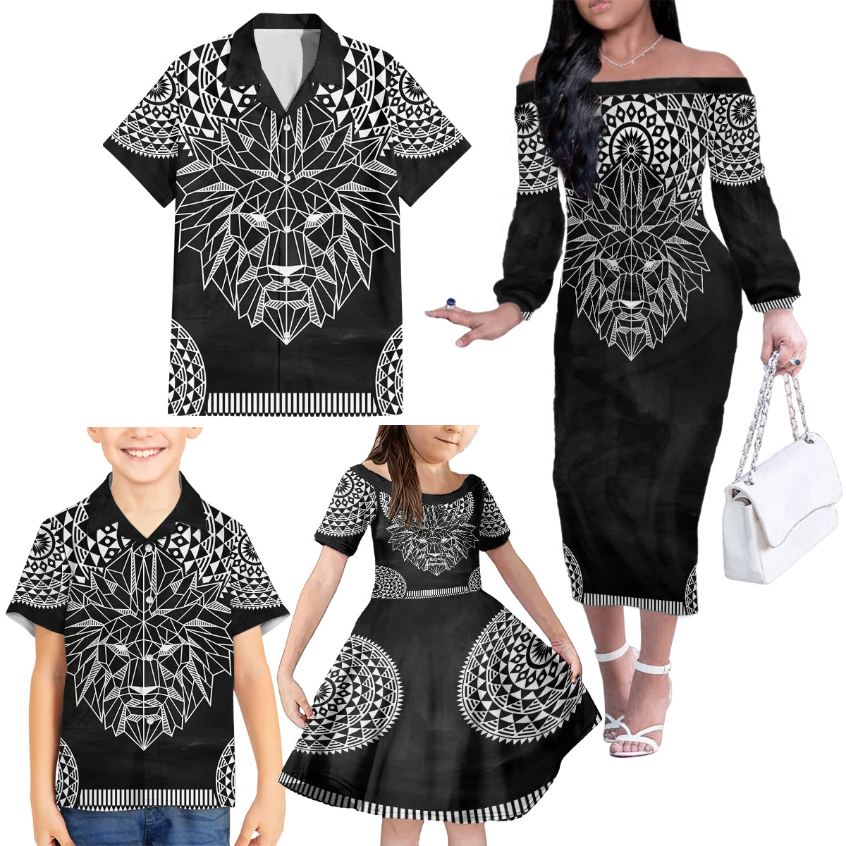 Geometric Head Lion Family Matching Off Shoulder Long Sleeve Dress and Hawaiian Shirt - Wonder Print Shop