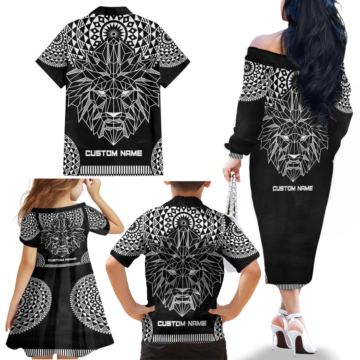 Geometric Head Lion Family Matching Off Shoulder Long Sleeve Dress and Hawaiian Shirt - Wonder Print Shop