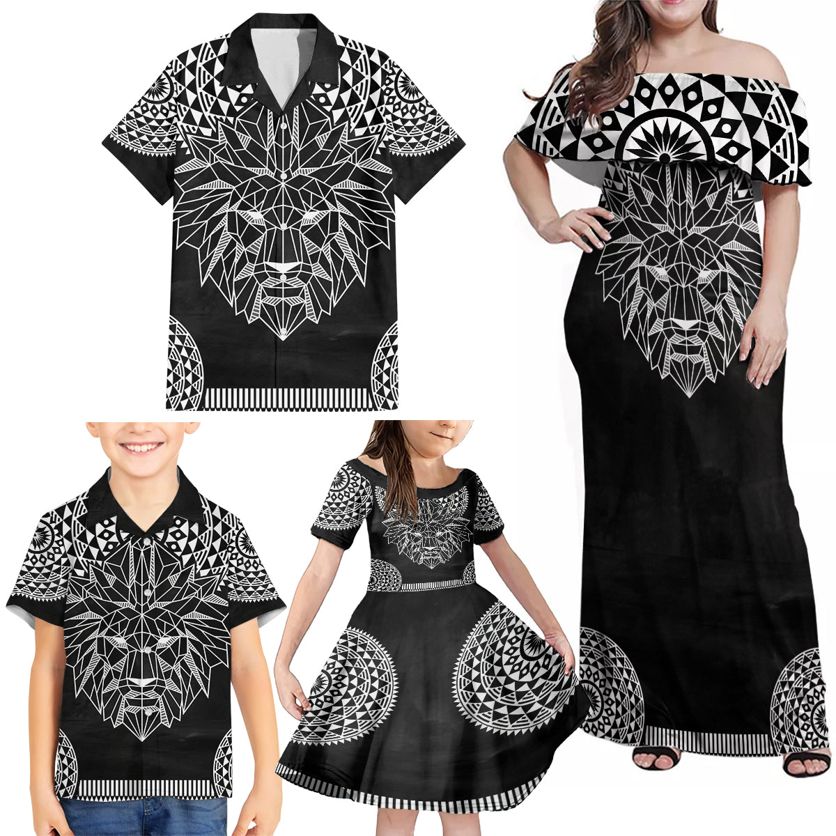 Geometric Head Lion Family Matching Off Shoulder Maxi Dress and Hawaiian Shirt - Wonder Print Shop