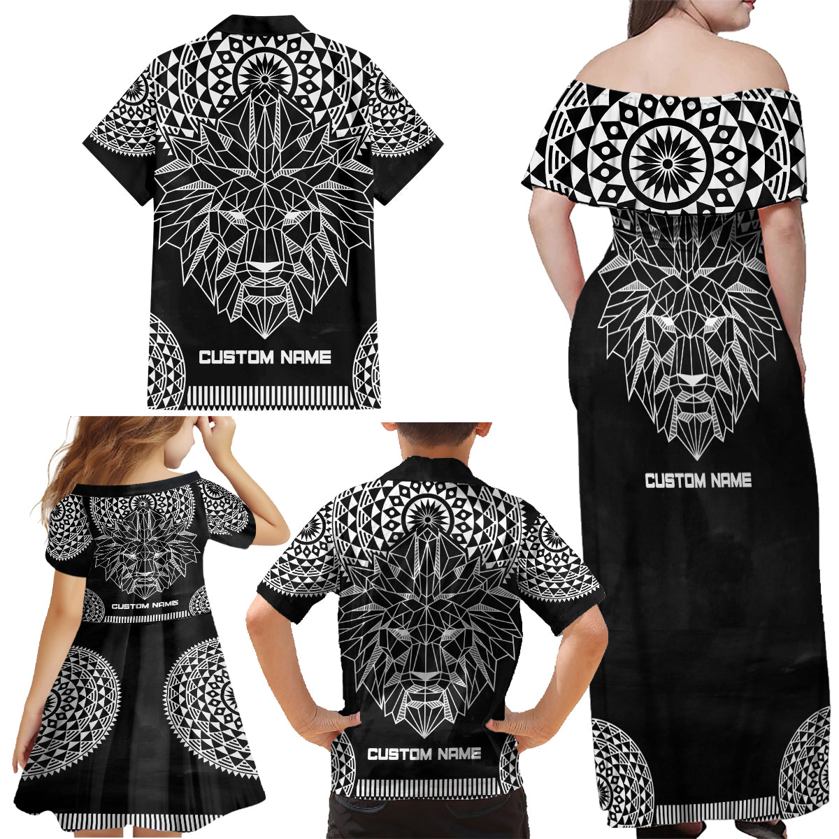 Geometric Head Lion Family Matching Off Shoulder Maxi Dress and Hawaiian Shirt - Wonder Print Shop