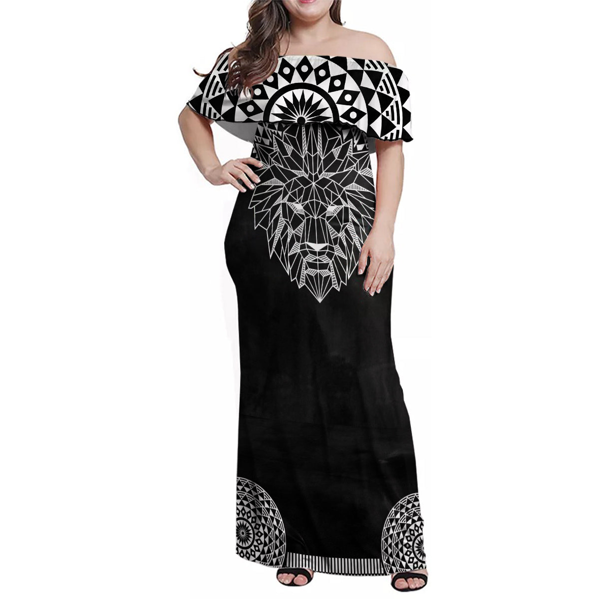 Geometric Head Lion Family Matching Off Shoulder Maxi Dress and Hawaiian Shirt - Wonder Print Shop
