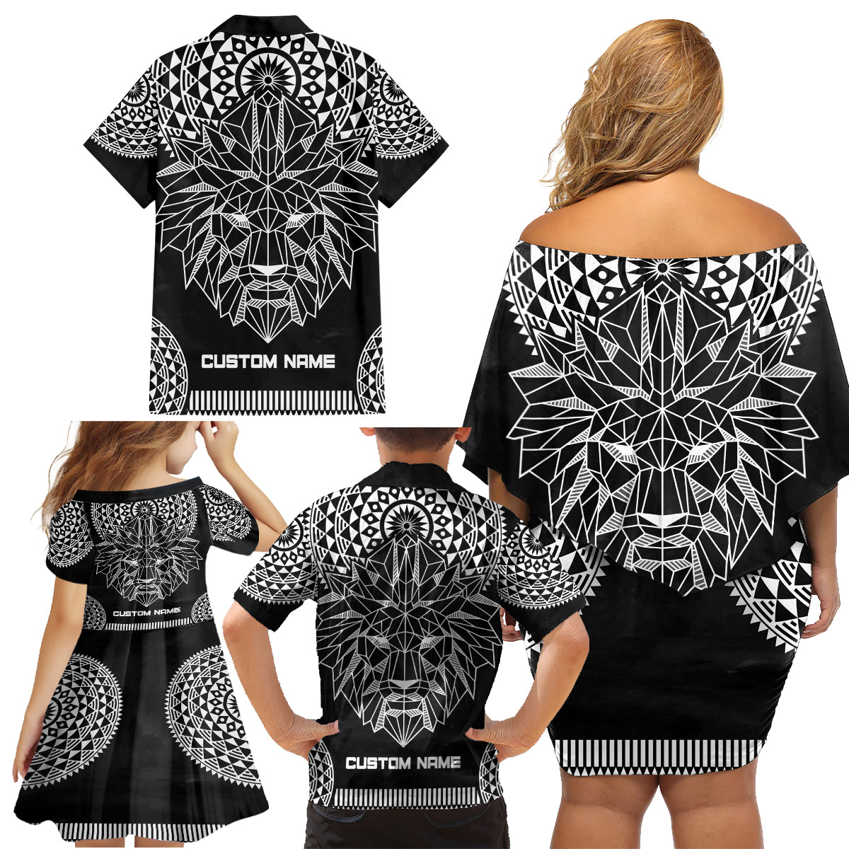 Geometric Head Lion Family Matching Off Shoulder Short Dress and Hawaiian Shirt - Wonder Print Shop