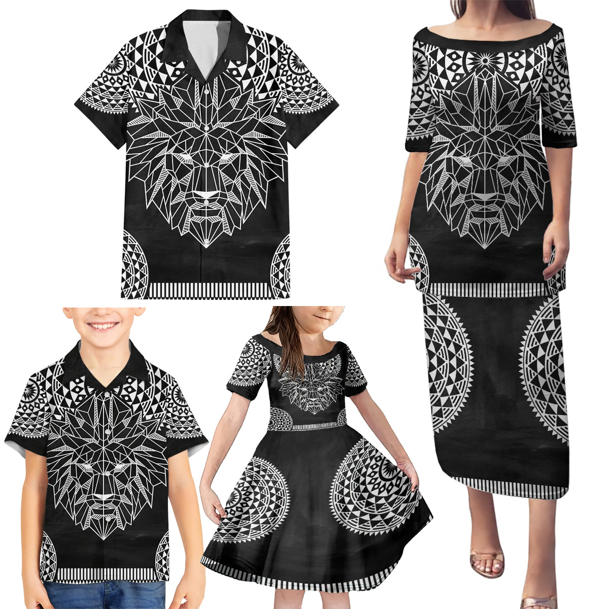 Geometric Head Lion Family Matching Puletasi and Hawaiian Shirt - Wonder Print Shop