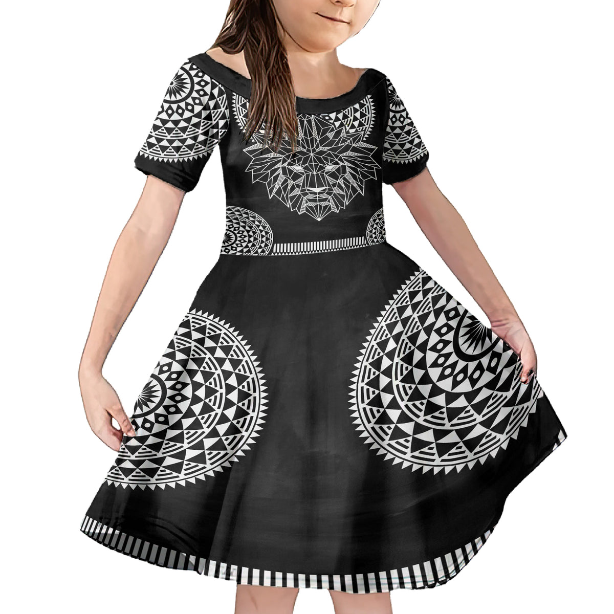 Geometric Head Lion Family Matching Short Sleeve Bodycon Dress and Hawaiian Shirt - Wonder Print Shop