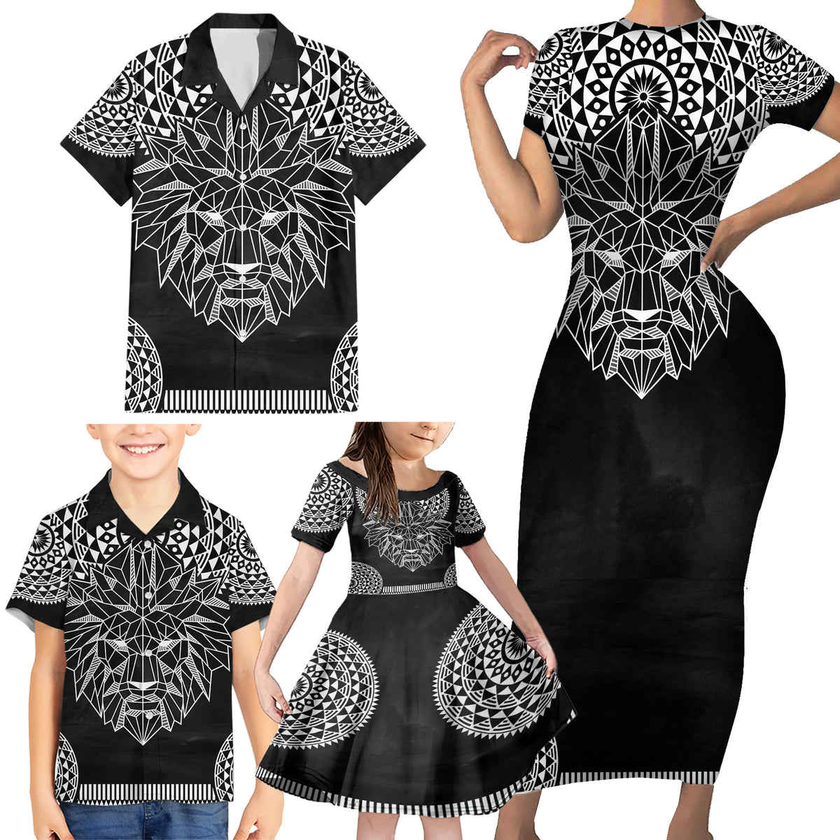 Geometric Head Lion Family Matching Short Sleeve Bodycon Dress and Hawaiian Shirt - Wonder Print Shop