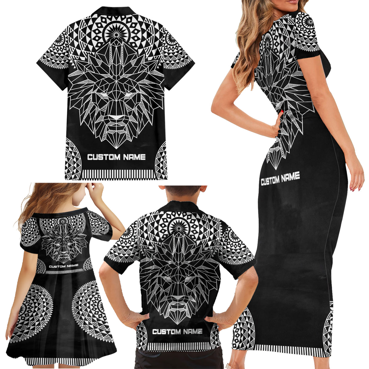 Geometric Head Lion Family Matching Short Sleeve Bodycon Dress and Hawaiian Shirt - Wonder Print Shop