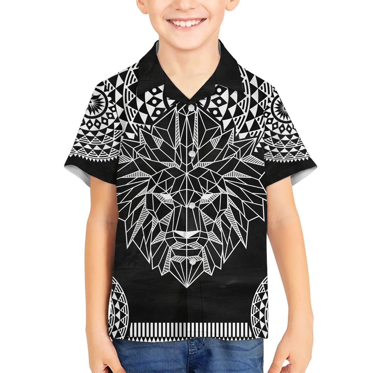 Geometric Head Lion Family Matching Short Sleeve Bodycon Dress and Hawaiian Shirt - Wonder Print Shop