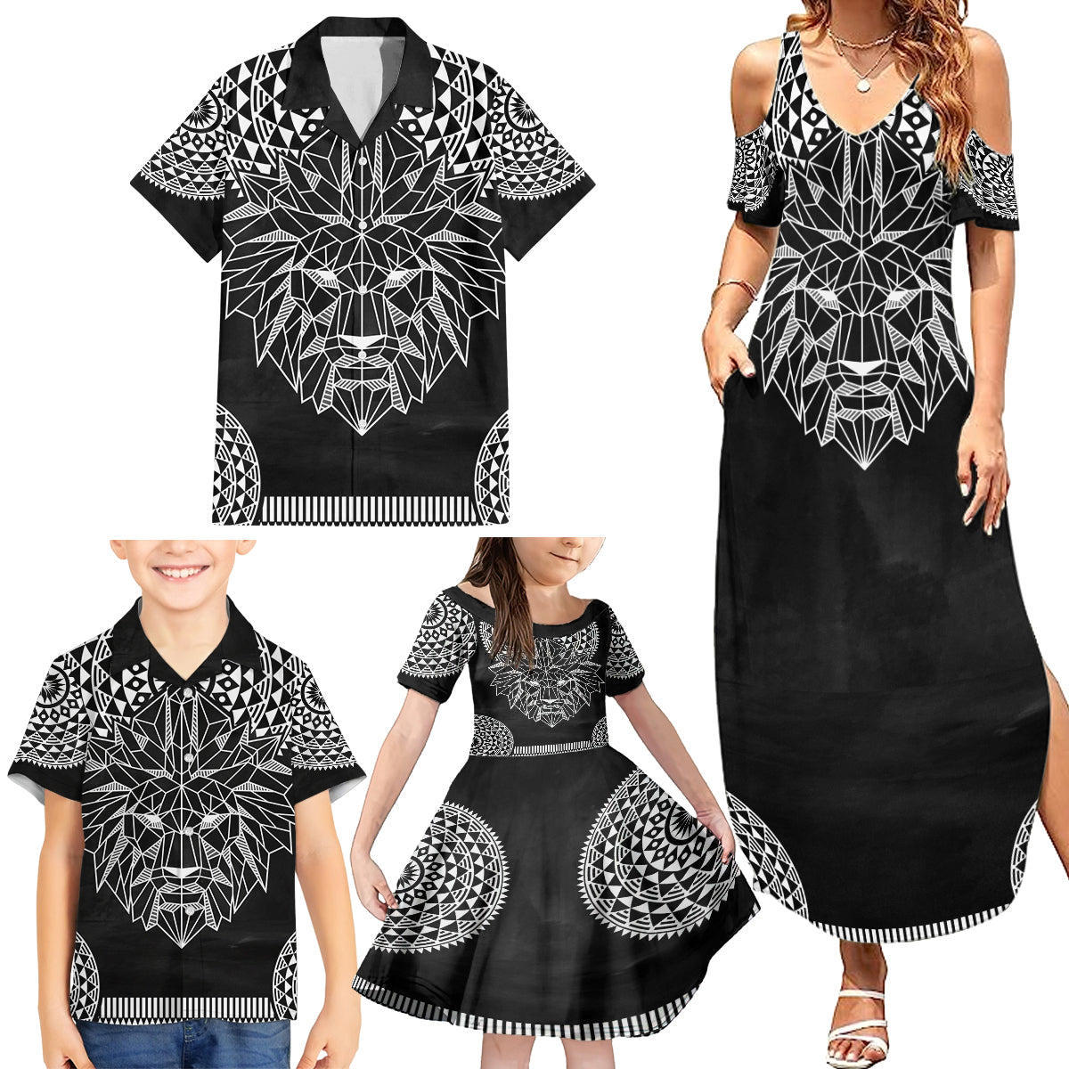 Geometric Head Lion Family Matching Summer Maxi Dress and Hawaiian Shirt - Wonder Print Shop