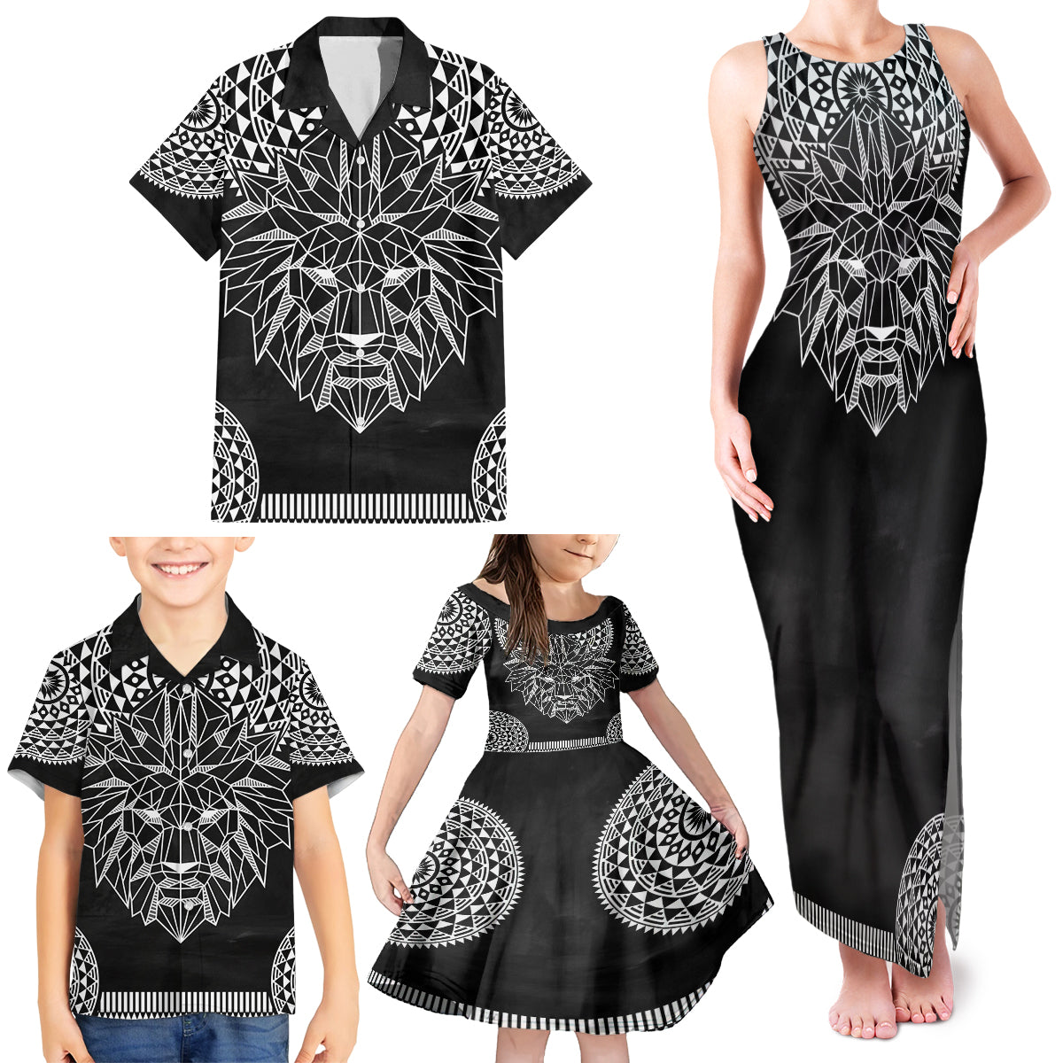 Geometric Head Lion Family Matching Tank Maxi Dress and Hawaiian Shirt - Wonder Print Shop