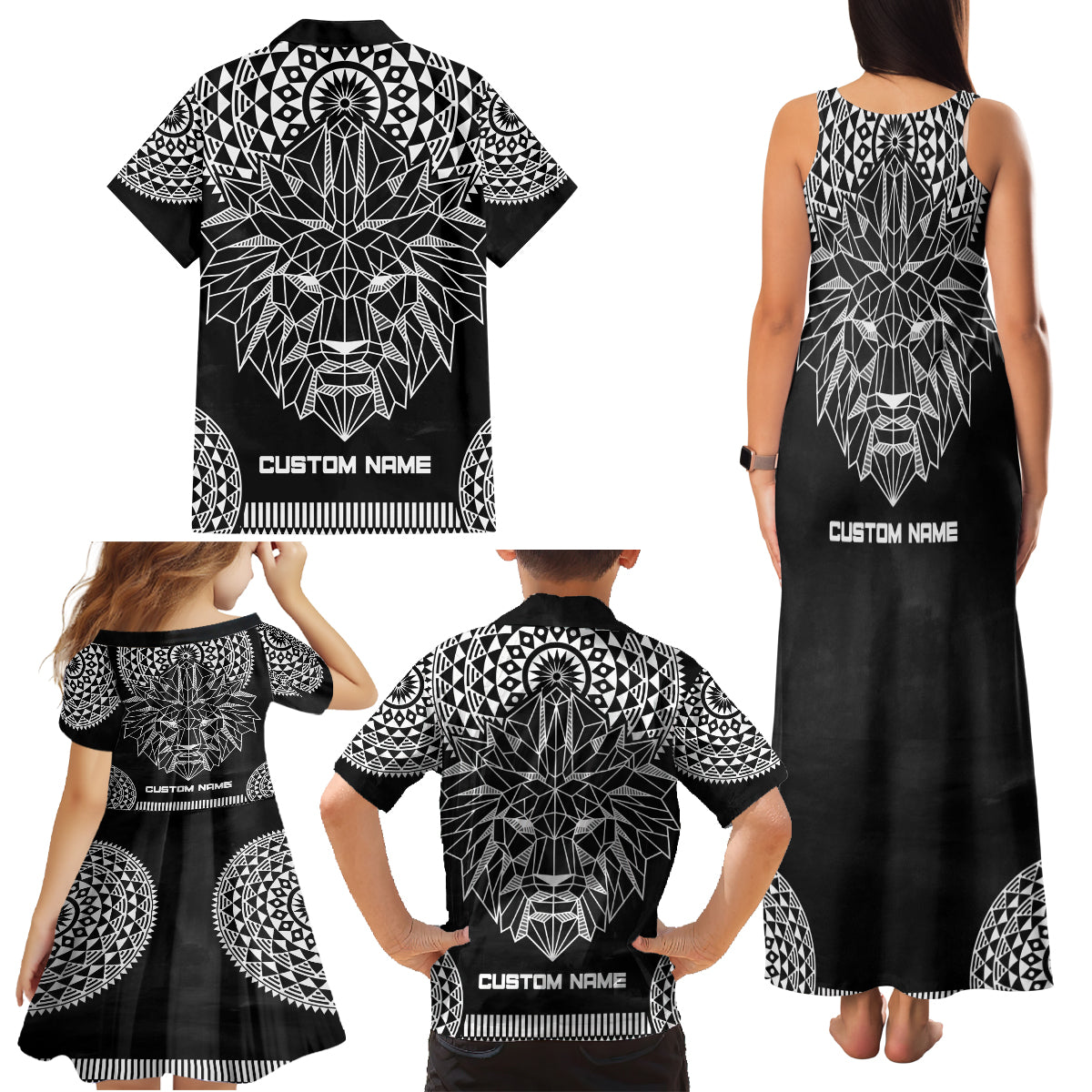 Geometric Head Lion Family Matching Tank Maxi Dress and Hawaiian Shirt - Wonder Print Shop