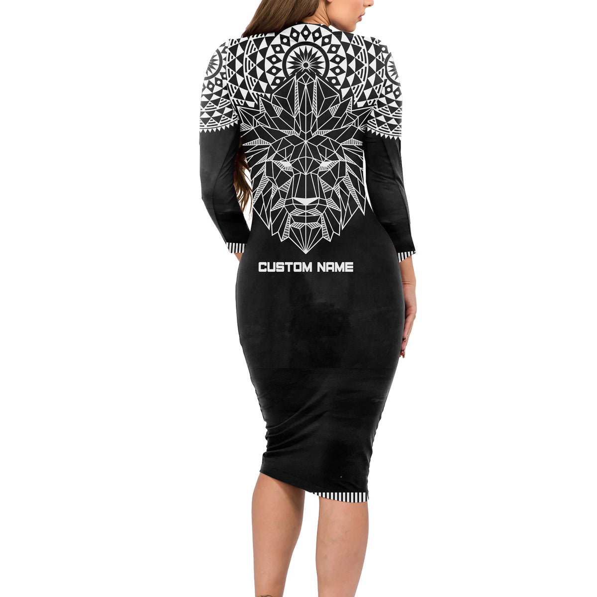 Geometric Head Lion Long Sleeve Bodycon Dress - Wonder Print Shop